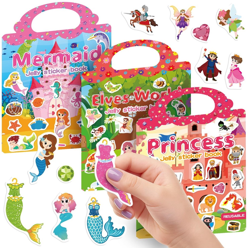 3-Set Reusable Jelly Sticker Books Toddlers 3-6 Yrs: Princess, Mermaid, Elves