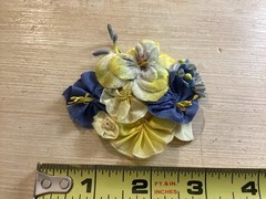 2 Vintage Ribbonwork Flowers Yellow, Blue & Green Silk Satin Stamens