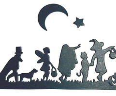 5 KIDS & DOG TRICK OR TREATING IN FRONT OF SCARY CASTLE SILHOUETTE DIE CUT/ CUTS