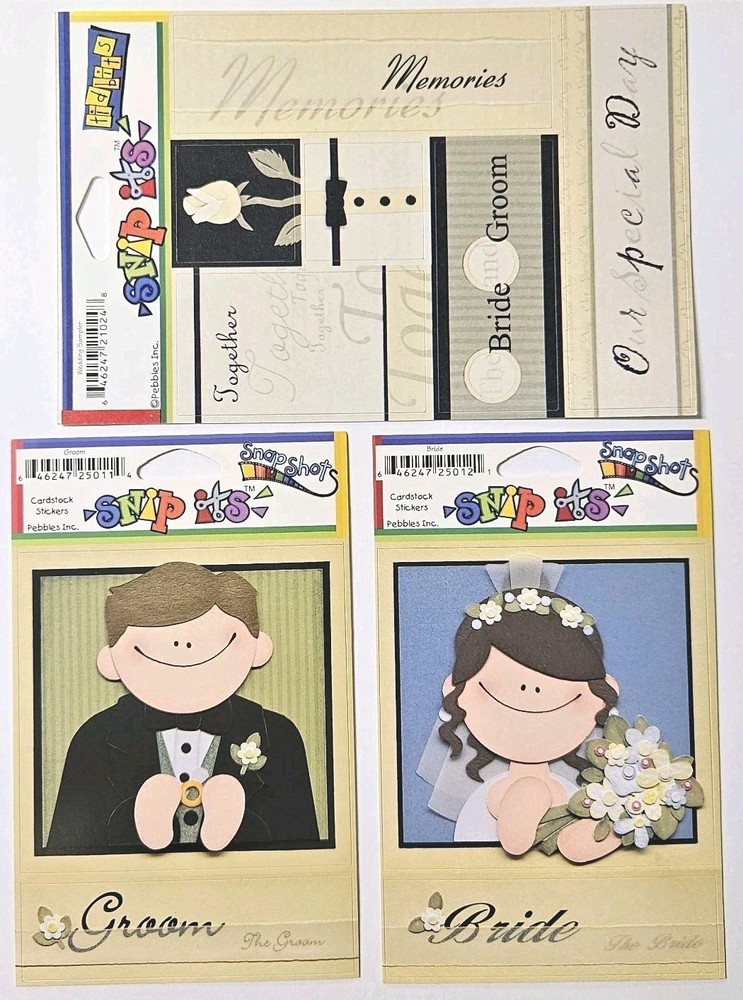 Set of 3 Pebbles Inc Wedding Sampler Cardstock Stickers Bride Groom SnipIts