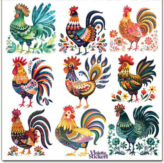 Violette Stickers Bright Counrty Folk Roosters Love Crafts Planner Supply
