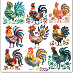Violette Stickers Bright Counrty Folk Roosters Love Crafts Planner Supply