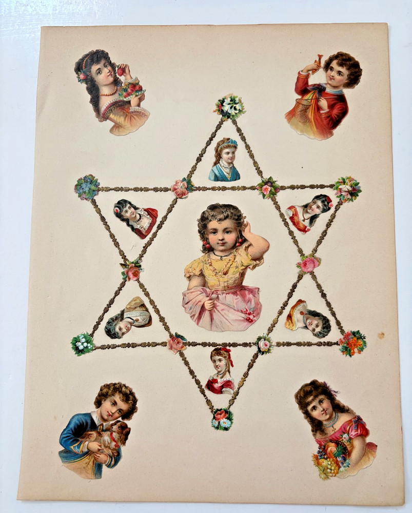 Lovely 1800’s Scrapbook page with Delicate Die Cuts of Children & A Puppy *