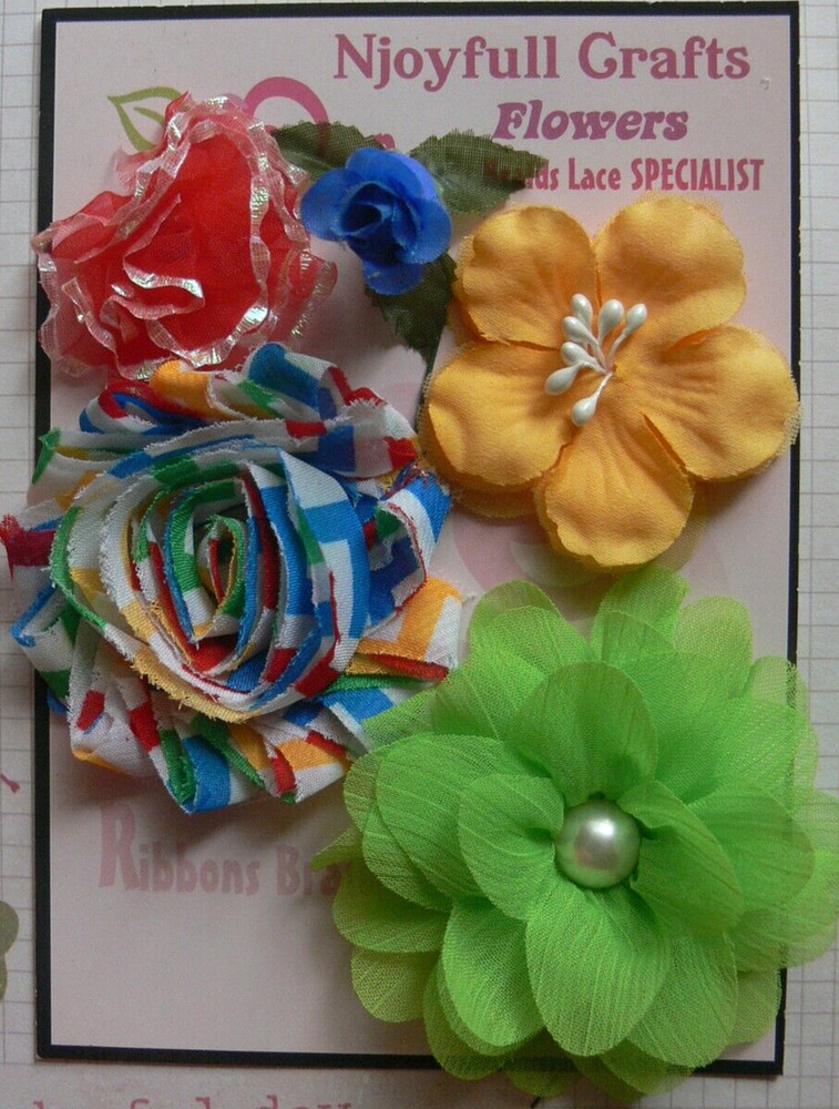 GREEN RED BLUE YELLOW MIXED-Fabric Organza Flowers 15-65mm 5 Flower Pk O5 D NJC