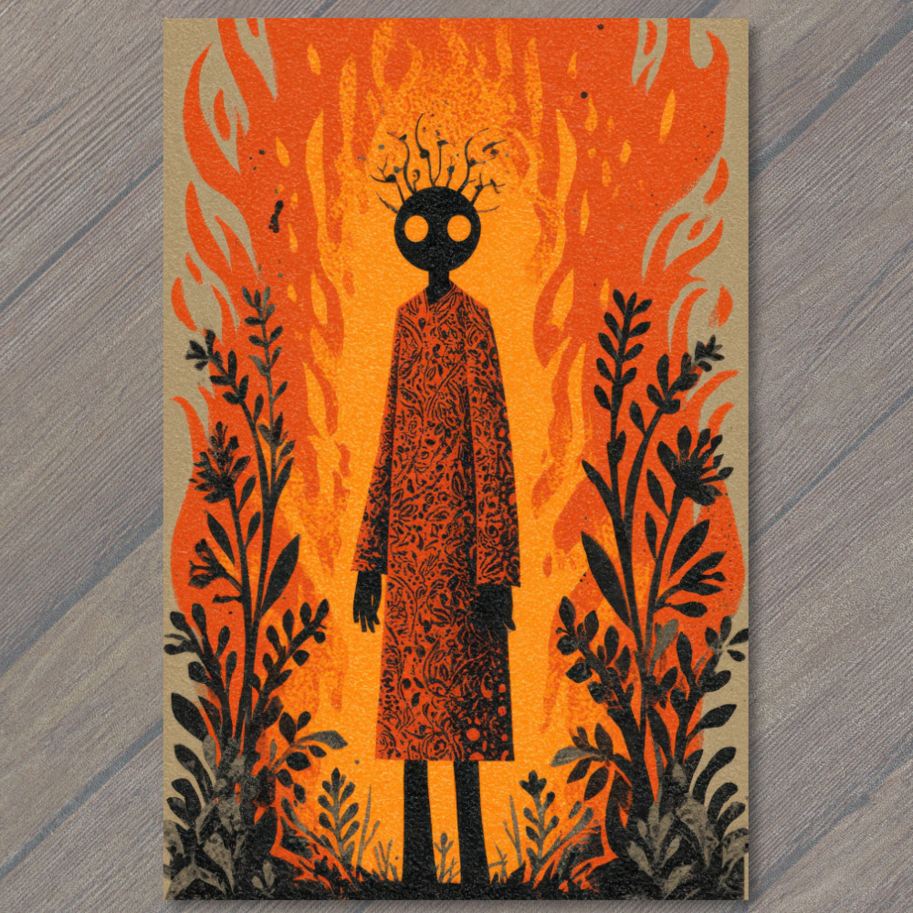 STICKER Fiery Figure In Patterned Robe Orange Black Surreal Autumn Flame