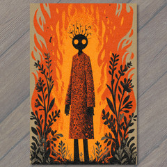 STICKER Fiery Figure In Patterned Robe Orange Black Surreal Autumn Flame