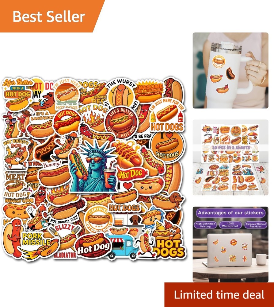 Creative 50 Pcs Hot Dog Stickers – Waterproof Cartoon Decals for Everyone