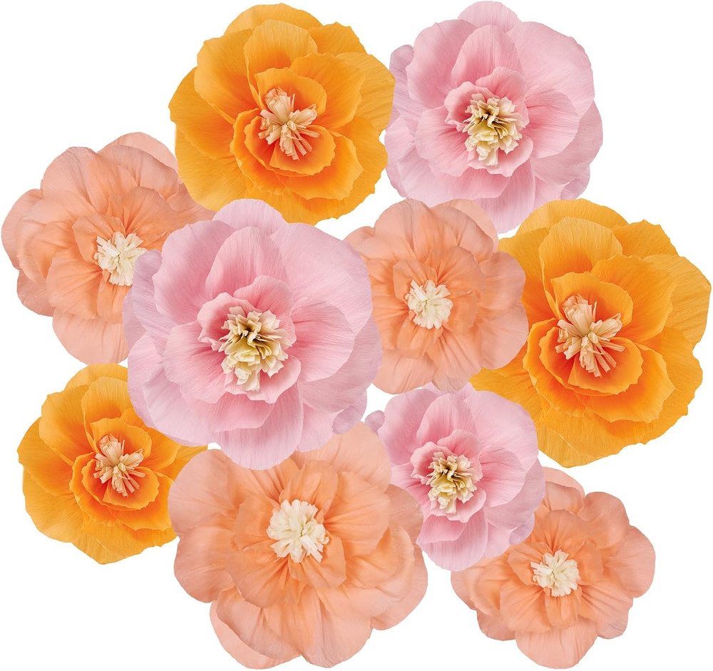 Crepe Paper Flowers, 10 Pcs Orange Pink Paper Flowers 12″ Handcrafted Flowers fo