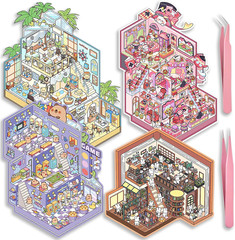 4 Sets Big DIY 3D Sticker Scene Isometric Miniature Room Book Kids House Sticker