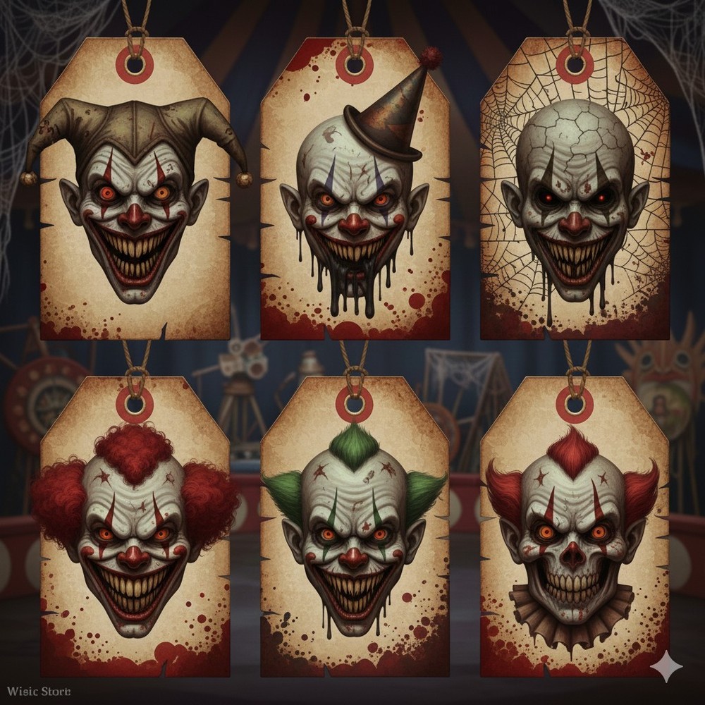 Set Of 12 Creepy Scary Clown Tags Junk Journal Scrapbook