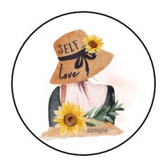 30 SELF LOVE ENVELOPE SEALS LABELS STICKERS 1.5″ ROUND SUNFLOWERS SUN HAT