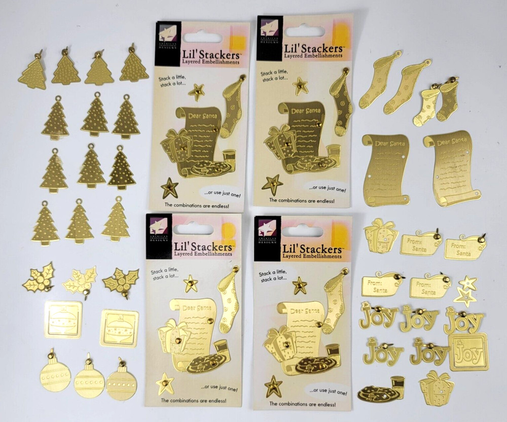 66 Pc Gold Metal Christmas Embossed Embellishments Charms Tree Stocking Ornament