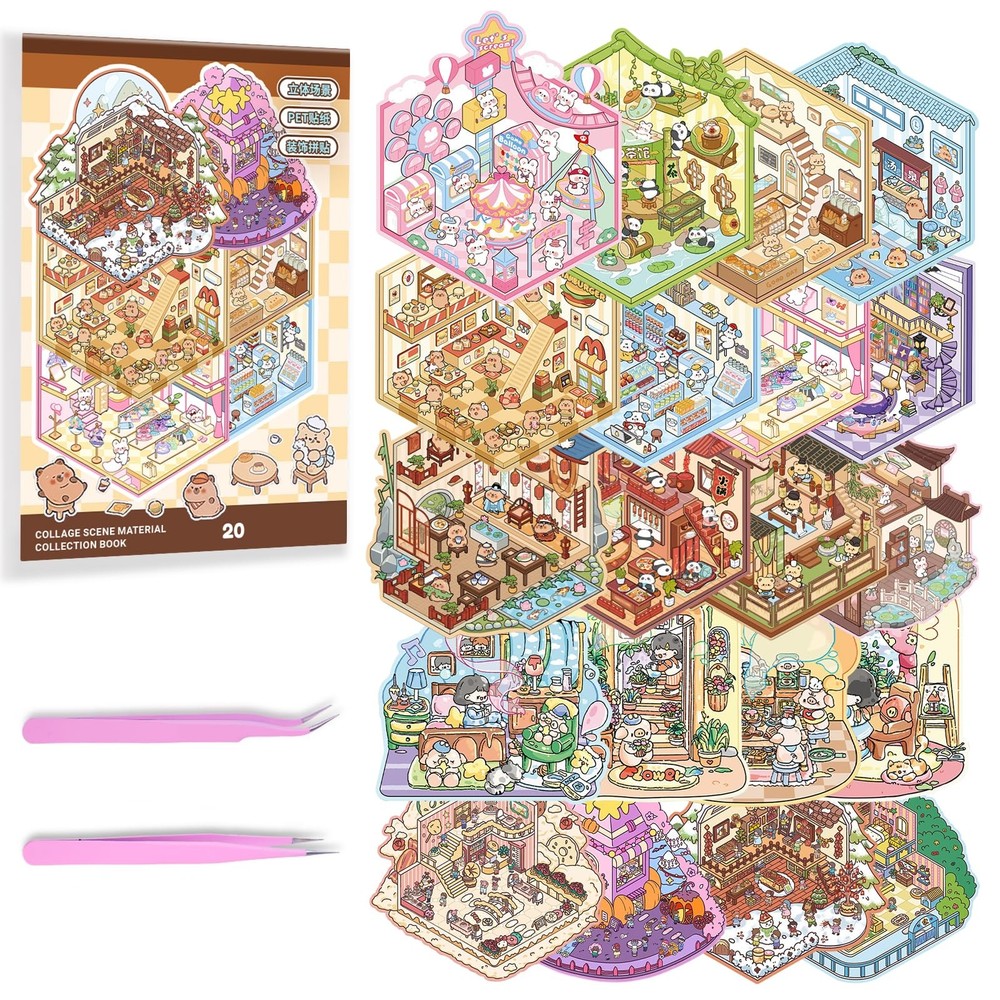 20 Sets Custom DIY 3D Sticker Scene Crafts Collection Book for Adults