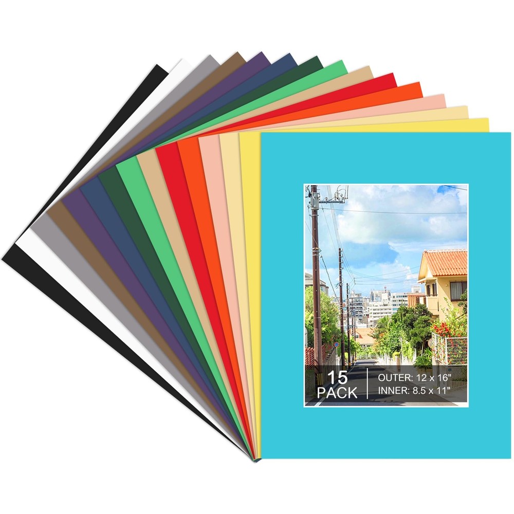 12×16 Picture Mats 15 Pack Mixed Colors for 8.5×11 Photos & Artworks