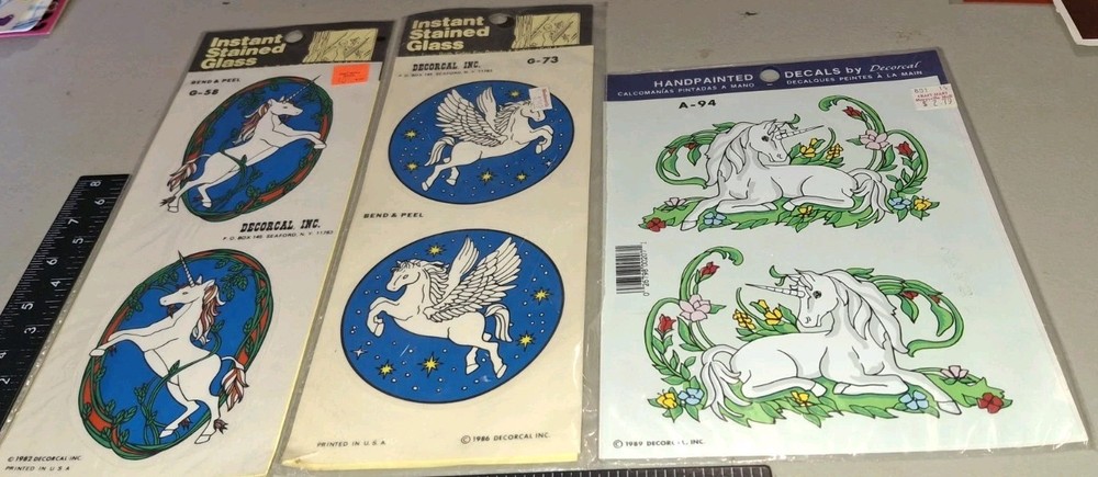 Vintage Stickers UNICORNS PEGASUS stained Glass Lot Of 3 Packages