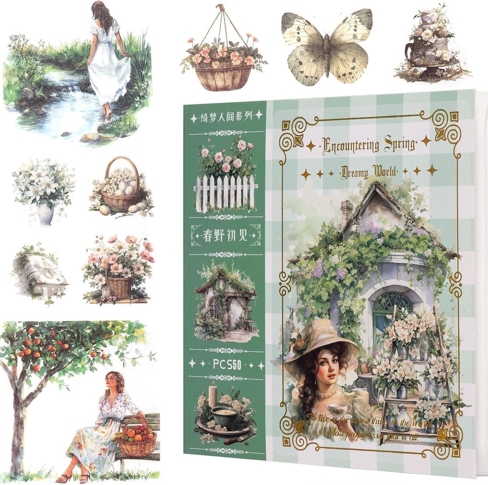 Garden Journal Stickers, 50 Sheets Washi Junk Journaling Sticker Book, Scrapbook