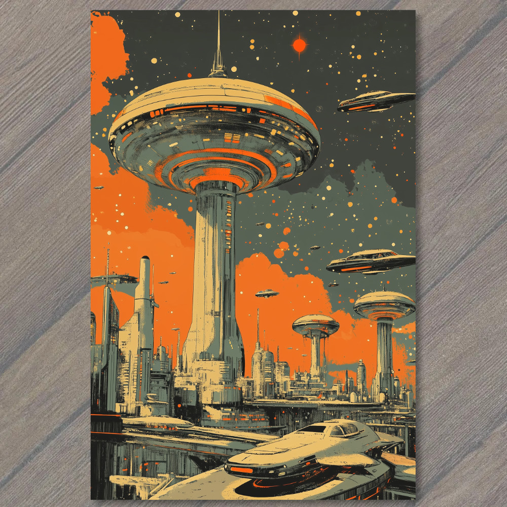 STICKER Retro Futuristic City UFO Hovercraft Neon Orange Skies Sci Fi Building