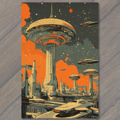 STICKER Retro Futuristic City UFO Hovercraft Neon Orange Skies Sci Fi Building