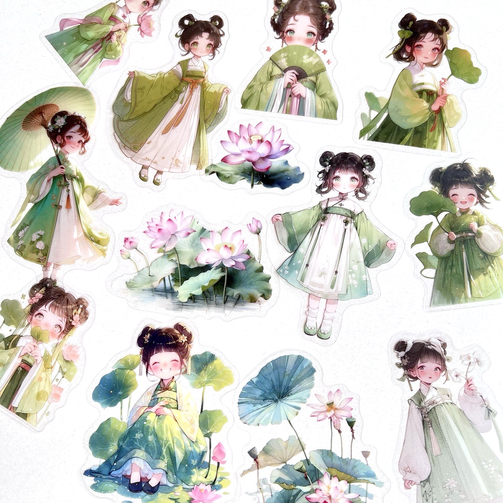 Little Lotus Flower Girl Stickers Asian Junk Journal Collage Scrapbooking