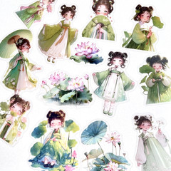 Little Lotus Flower Girl Stickers Asian Junk Journal Collage Scrapbooking