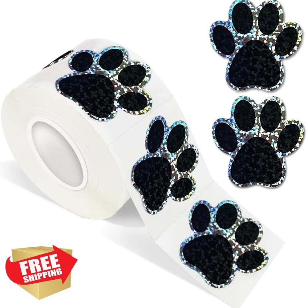 500pk Cute Dog Paws Stickers Glitter Vinyl Black Footprints Roll