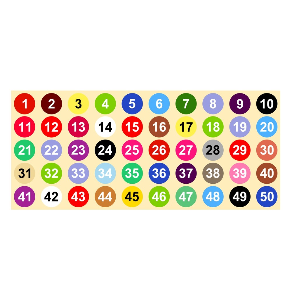 1 to 50 Number Stickers 1 Inch, Vinyl Round Labels Dot Decals, Multicolor