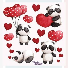 Violette Stickers – 1 Panda, Red Heart, & Balloon Sticker Sheet – Stationery