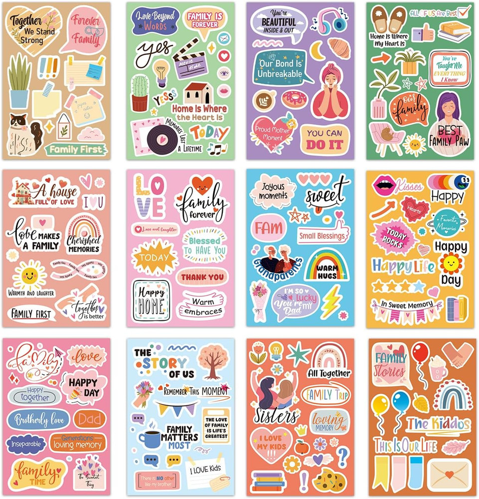 12Pcs Family Scrapbook Stickers, Planner Journal Stickers Photo Album Embellishm