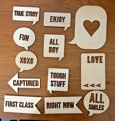Wood embellishments- houses cameras words polaroid frames bubbles hearts crafts