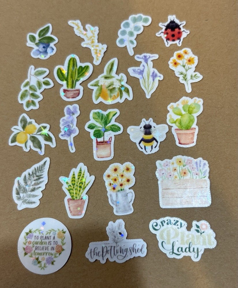 Holographic Sparkle Tiny Garden 21 Stickers Plant Lady Bugs Bees Scrapbook Fruit