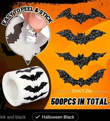500 pcs Sticker Seals Roll Holographic Glitter Foil Halloween Bats Self Adhesive