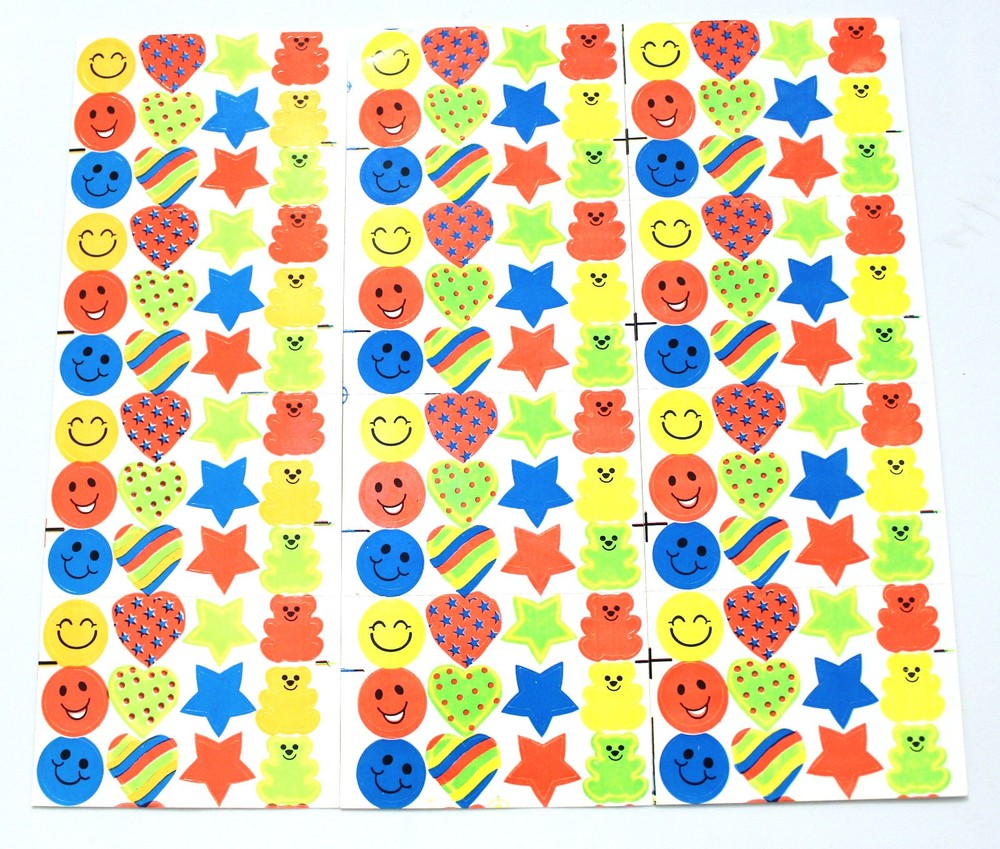 Vintage AMAV Smiley Face, Hearts, Stars, & Bears Sticker Sheets, Read Desc