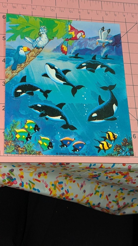 Vintage Gibson Stickers Orcas Whales Ocean Tropical Birds Parrot Fish 1 Sheet