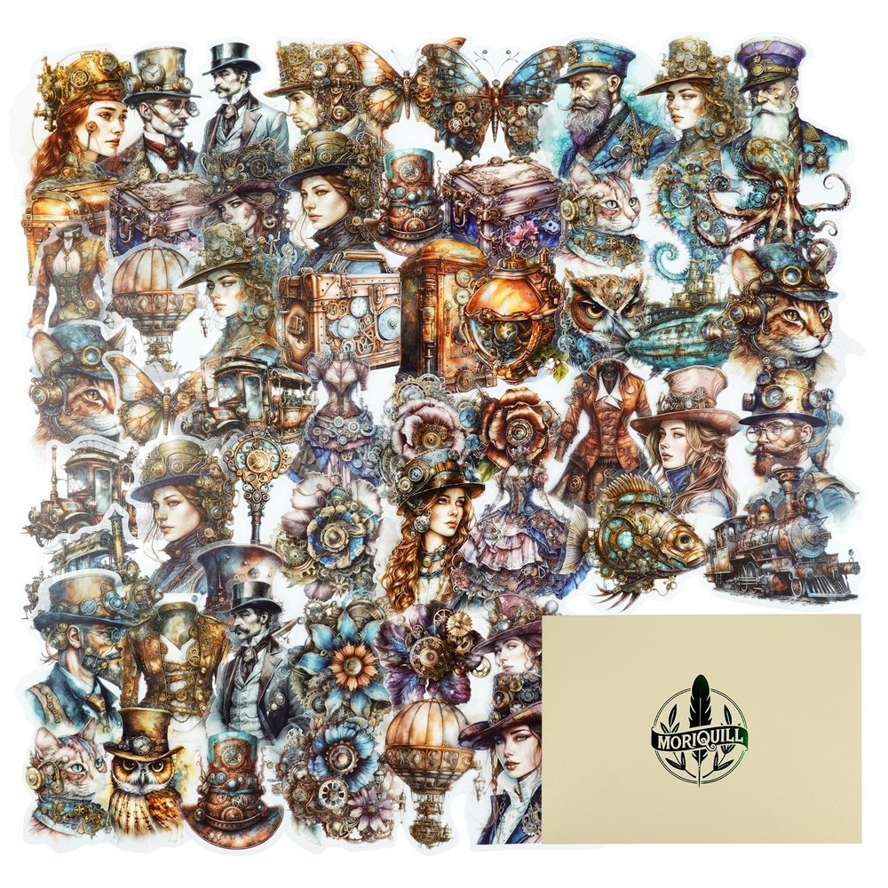 120PCS Steampunk Stickers – Mechanical Cats, Airship, Water-Resistant for Scrapb