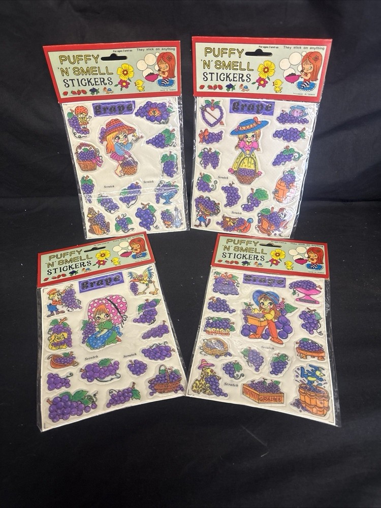 NIP Vintage 80’s Stickers Puffy Sniff And Scratch Grape Puffy N Smell Lot Of 4