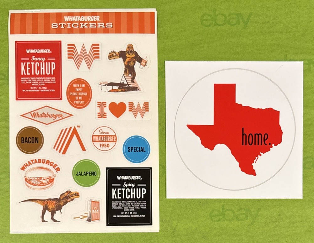 2 SHEETS OF WHATABURGER STICKERS (15 PER SHEET) 6×9 + TEXAS “HOME” STICKER 5”