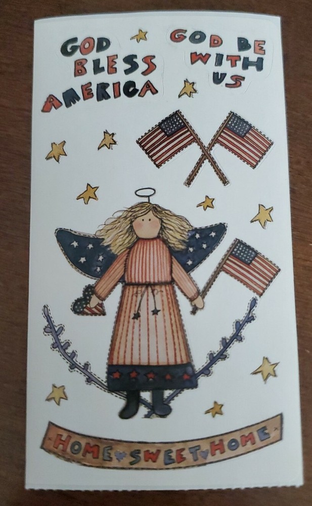 Joy Marie GOD BLESS AMERICA sticker sheet, patriotic angel with flag