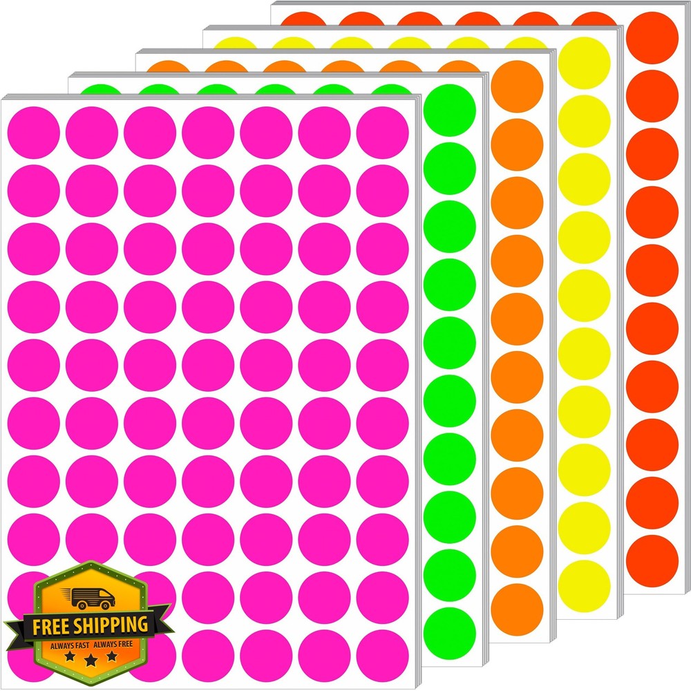 3/4 Inch Fluorescent Dot Stickers 1400pcs 5 Neon Colors Sale