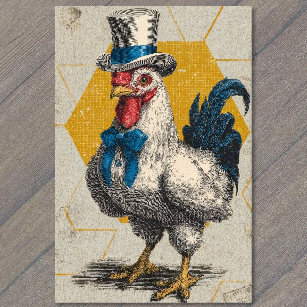 STICKER Top Hat Rooster Blue Bow Hexagon Folk Oddball Farmhouse Chicken
