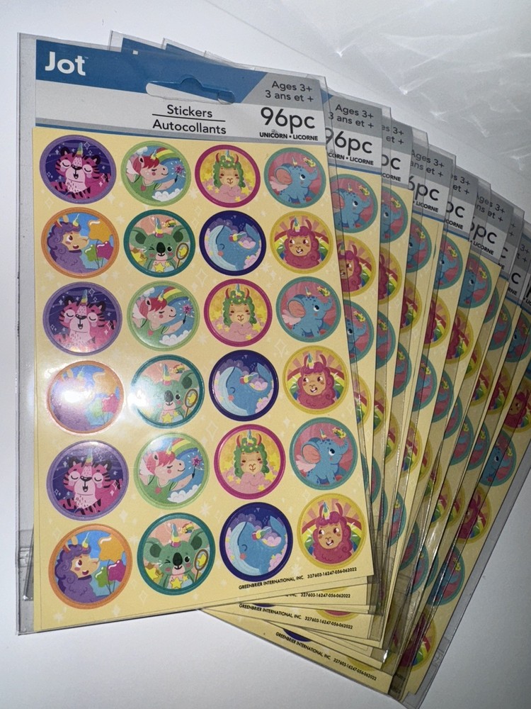 Sticker Lot 10 Packs – 40 Sheets – 960 Stickers Total – Unicorn Cat Lama Narwal