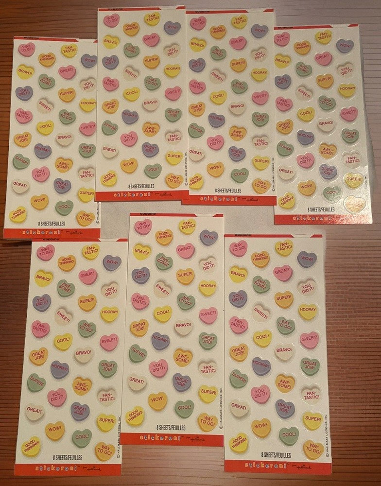 Vtg NOS Hallmark STICKERONI CANDY HEARTS STICKERS *7 Sheets Only*