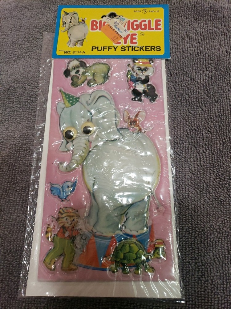 RARE! Vintage 1980s Big Wiggle Eye Puffy Stickers Elephant