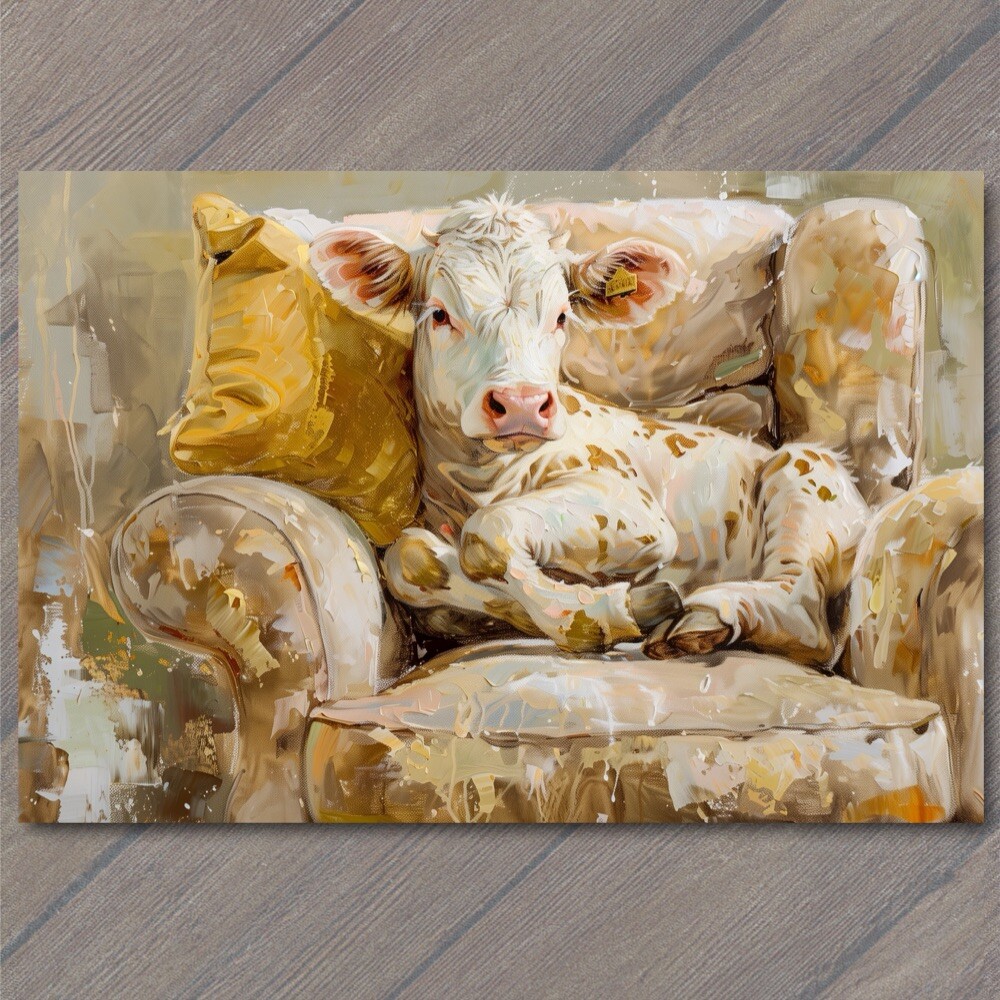 STICKER Cow On Couch Sofa Chair Calf Cute Fun Painting Unusual Country Farm