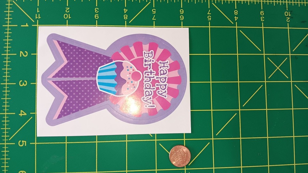Happy Birthday Cupcake Rosette Sticker Purple Pink Party Die Cut Self Adhesive