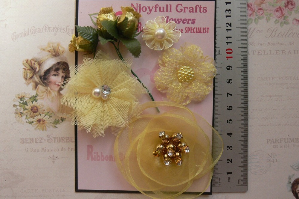YELLOW & GOLD Mix Fabric Organza Lace 7 Flower Pk 20-80 mm Njoyfull Crafts T3