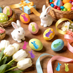 Colorful Glitter Easter Bunny Stickers, 1.5» Self-Adhesive Roll, 500 Pcs