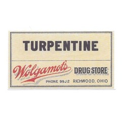 Vintage Turpentine Wolgarnot’s Drug Store Ohio Paper Sticker Decal Die Cut Retro