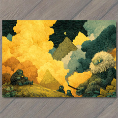 STICKER Forest Creatures Smoking Pipe Night Sky Mountains Yellow Green Surreal
