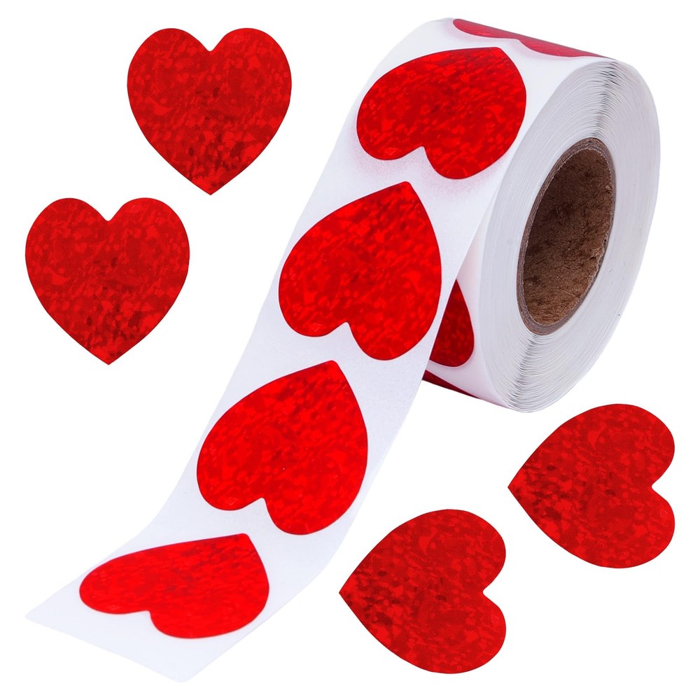 500 Pack Valentines Glitter Red Heart Stickers Roll Heart Decorative Labels for