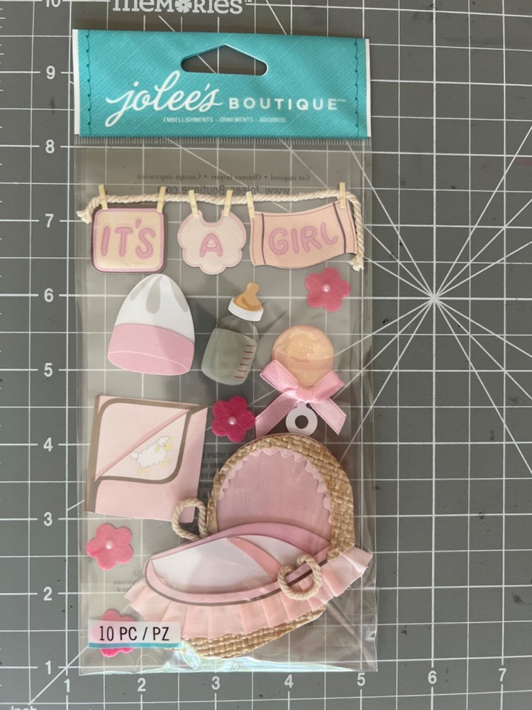 Jolee’s Baby Girl Dimensional Scrapbook Stickers 50-50139 It’s A bassinet, hat